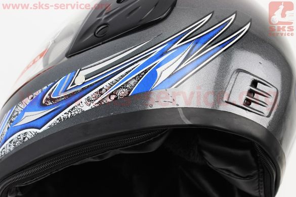 Фото товара – Шлем закрытый HK-221 - СЕРЫЙ с сине-белым рисунком + воротник (возможны царапины, дефекты покраски)