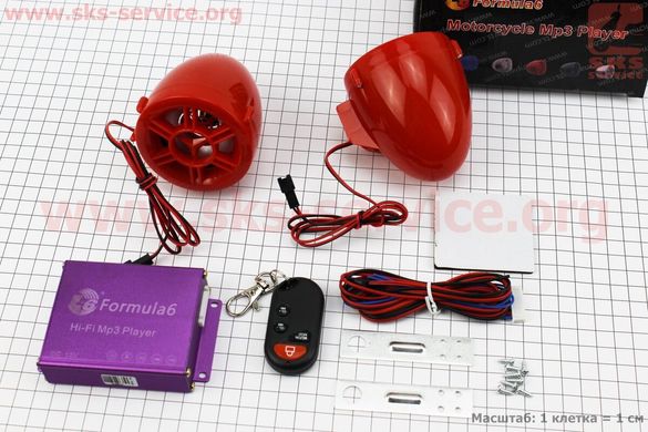 Фото товару – АУДІО-блок (МРЗ-USB / SD, FM-радіо, пультДУ, сигналізація) + колонки 2шт (червоні)