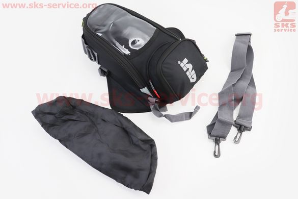 Фото товара – Мото сумка на бак мотоцикла магнитная 20х32х10 с влагозащитным, отсоединяющимся отделением для смартфона 8,5x16,5см + чехол, Чёрная