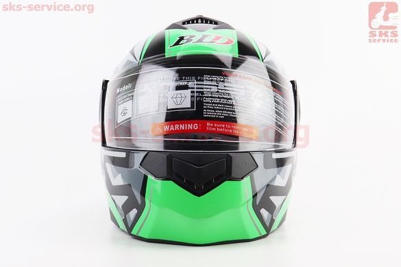 Фото товара – Шлем модуляр, закрытый с откидным подбородком+откидные очки BLD-159 М (57-58см), ЧЁРНЫЙ глянец с зелёно-серым рисунком