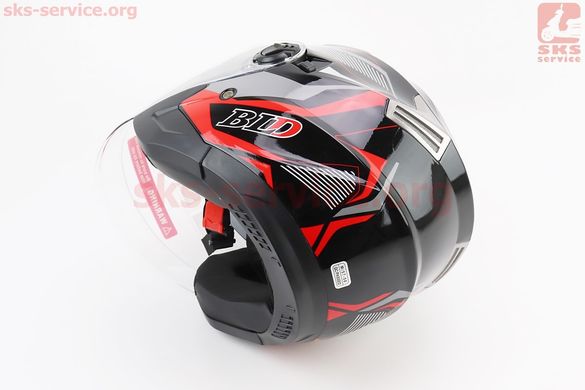 Фото товара – Шлем открытый+откидные очки BLD-708 М (57-58см), ЧЁРНЫЙ глянец с красно-серым рисунком
