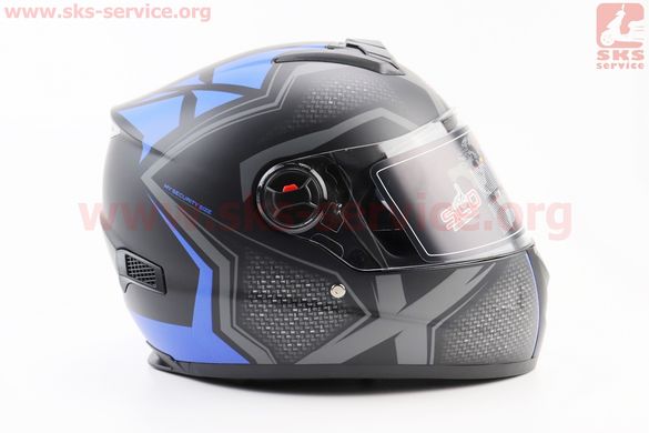 Фото товара – Шлем закрытый (сертификации DOT / ECE) + очки SCO-М61 М (57-58см), ЧЕРНЫЙ матовый с сине-серым рисунком