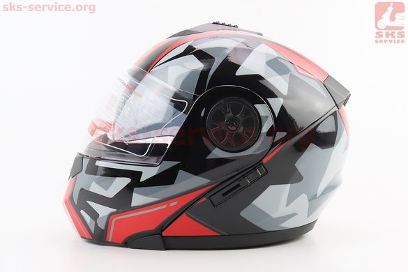 Фото товара – Шлем модуляр, закрытый с откидным подбородком+откидные очки BLD-159 М (57-58см), ЧЁРНЫЙ глянец с красно-серым рисунком