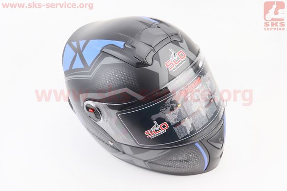 Фото товара – Шлем закрытый (сертификации DOT / ECE) + очки SCO-М61 М (57-58см), ЧЕРНЫЙ матовый с сине-серым рисунком