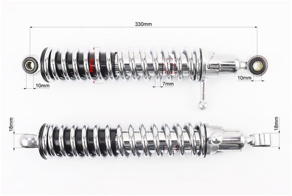 Фото товара – Амортизатор задний 330mm*d50mm (втулка 10mm / втулка 10mm) с рычагом регулир., хром к-кт 2шт