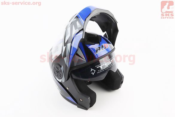 Фото товара – Шлем модуляр, закрытый с откидным подбородком+откидные очки BLD-159 М (57-58см), ЧЁРНЫЙ глянец с сине-серым рисунком