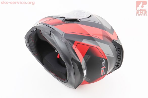Фото товара – УЦЕНКА Шлем модуляр, закрытый с откидным подбородком+откидные очки BLD-162 S (55-56см), ЧЁРНЫЙ матовый с красно-серым рисунком (см. фото)
