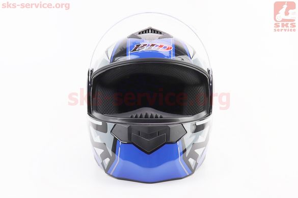 Фото товара – Шлем модуляр, закрытый с откидным подбородком+откидные очки BLD-159 М (57-58см), ЧЁРНЫЙ глянец с сине-серым рисунком