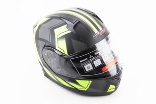 Фото товара – Шлем модуляр, закрытый с откидным подбородком+откидные очки BLD-162 S (55-56см), ЧЁРНЫЙ матовый с серо-салатовым рисунком