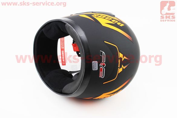 Фото товара – Шлем закрытый 825-1 XS- ЧЕРНЫЙ матовый с рисунком оранжевым (возможны царапины, дефекты покраски)