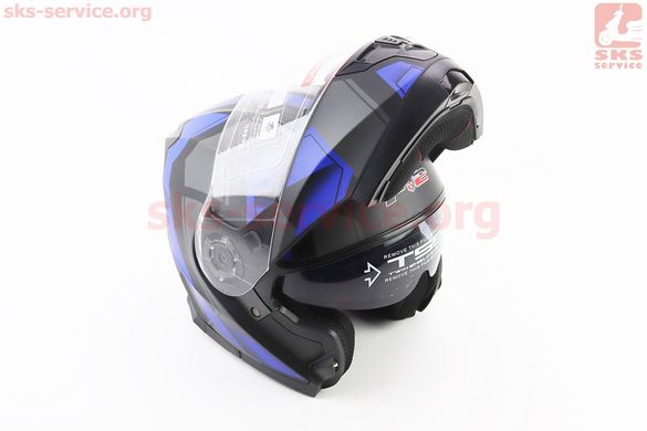 Фото товара – Шлем модуляр, закрытый с откидным подбородком+откидные очки BLD-162 S (55-56см), ЧЁРНЫЙ матовый с сине-серым рисунком