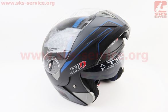Фото товара – Шлем модуляр, закрытый с откидным подбородком+откидные очки BLD-158 М (57-58см), ЧЁРНЫЙ матовый с сине-серым рисунком