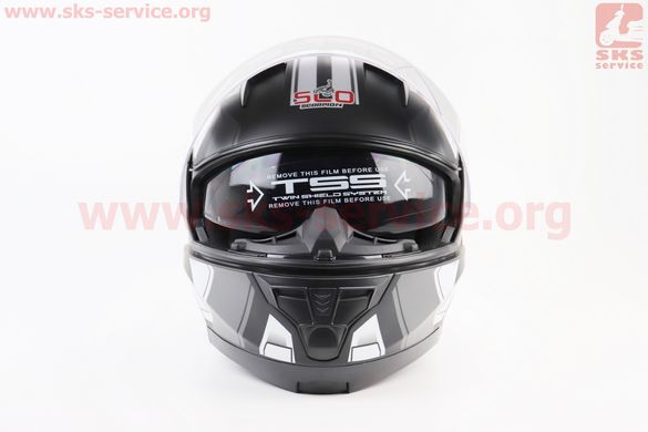 Фото товара – Шлем закрытый с откидным подбородком (сертификации DOT / ECE) + откидные очки SCO-162 М (57-58см), ЧЕРНЫЙ матовый с бело-серым рисунком