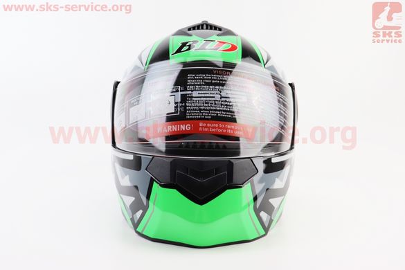 Фото товара – Шлем модуляр, закрытый с откидным подбородком+откидные очки BLD-159 S (55-56см), ЧЁРНЫЙ глянец с зелёно-серым рисунком