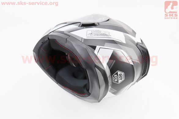 Фото товара – Шлем закрытый с откидным подбородком (сертификации DOT / ECE) + откидные очки SCO-162 М (57-58см), ЧЕРНЫЙ матовый с бело-серым рисунком