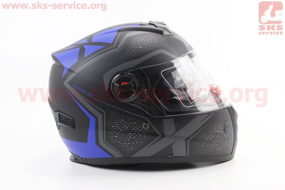 Фото товара – Шлем интеграл, закрытый+очки BLD-М61 М (57-58см), ЧЁРНЫЙ матовый с сине-серым рисунком