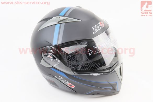 Фото товара – Шлем модуляр, закрытый с откидным подбородком+откидные очки BLD-158 М (57-58см), ЧЁРНЫЙ матовый с сине-серым рисунком