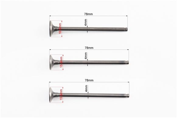 Фото товара – Клапан впускной, выпускной к-кт 3шт Yamaha JOG SA-36J/39J (d=16,5мм - 1шт/d=15,5мм - 2шт; h=78мм)