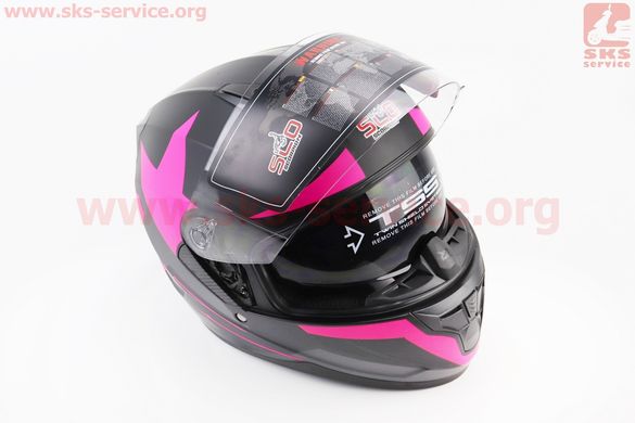 Фото товара – Шлем закрытый (сертификации DOT / ECE) + откидные очки SCO-M67 S (55-56см), ЧЕРНЫЙ матовый с розово-серым рисунком