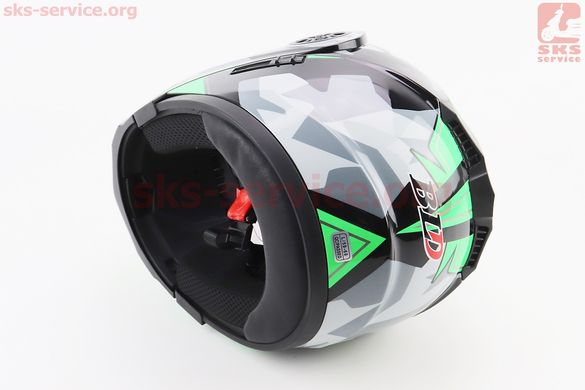 Фото товара – Шлем модуляр, закрытый с откидным подбородком+откидные очки BLD-159 L (59-60см), ЧЁРНЫЙ глянец с зелёно-серым рисунком