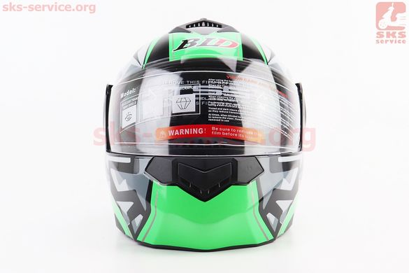 Фото товара – Шлем модуляр, закрытый с откидным подбородком+откидные очки BLD-159 L (59-60см), ЧЁРНЫЙ глянец с зелёно-серым рисунком