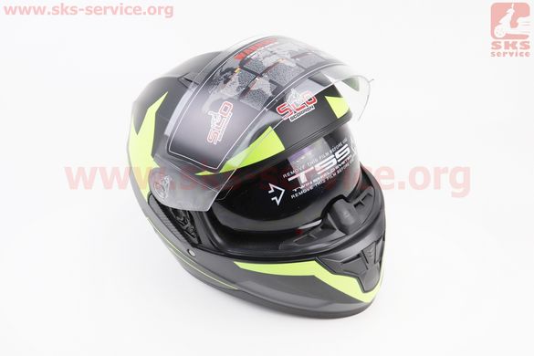 Фото товара – Шлем закрытый (сертификация DOT / ECE) + откидные очки SCO-M67 S (55-56см), ЧЕРНЫЙ матовый с салатово-серым рисунком