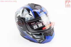 Фото товара – Шлем модуляр, закрытый с откидным подбородком+откидные очки BLD-159 L (59-60см), ЧЁРНЫЙ глянец с сине-серым рисунком