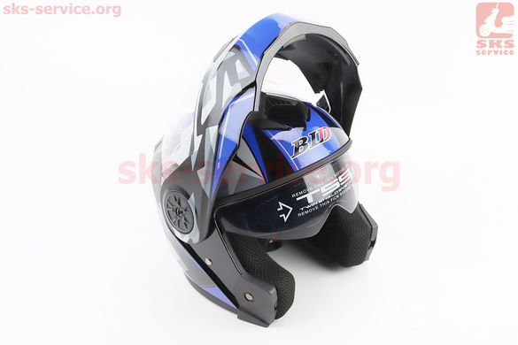 Фото товара – Шлем модуляр, закрытый с откидным подбородком+откидные очки BLD-159 L (59-60см), ЧЁРНЫЙ глянец с сине-серым рисунком