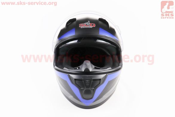 Фото товара – Шлем закрытый (сертификации DOT / ECE) + откидные очки SCO-M67 S (55-56см), ЧЕРНЫЙ матовый с сине-серым рисунком