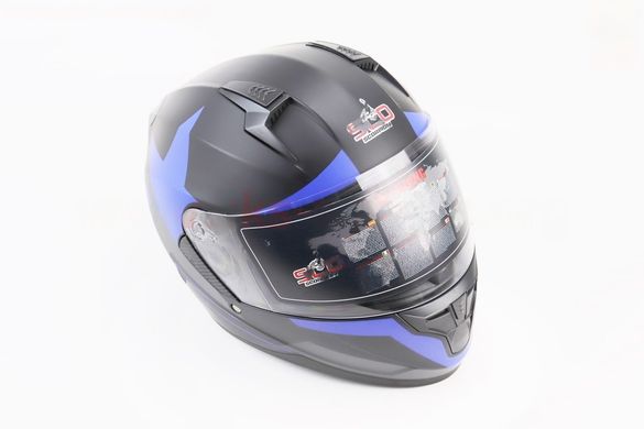 Фото товара – Шлем закрытый (сертификации DOT / ECE) + откидные очки SCO-M67 S (55-56см), ЧЕРНЫЙ матовый с сине-серым рисунком