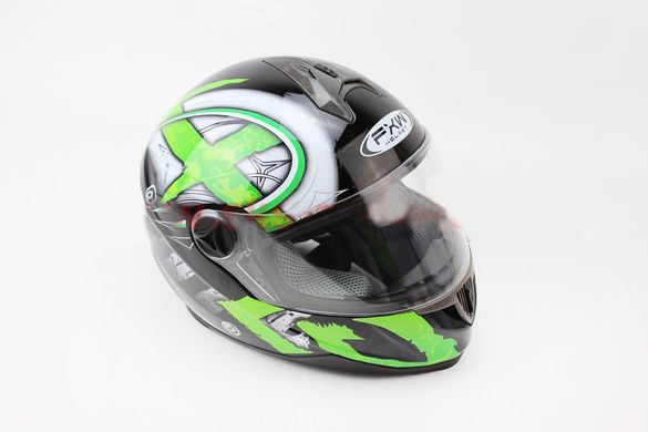 Фото товара – Шлем закрытый HF-122 М- ЧЕРНЫЙ глянец с бело-зеленым рисунком Q100G