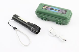 Фото товара – Фонарь 1+10 диодов ручной (Mini) в пластиковом боксе, алюминиевый, Li-ion 3.7V 450mAh зарядка от USB, влагозащитный, чёрный