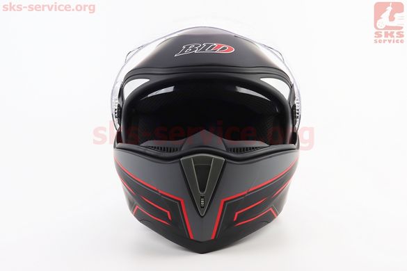 Фото товара – Шлем модуляр, закрытый с откидным подбородком+откидные очки BLD-158 L (59-60см), ЧЁРНЫЙ матовый с красно-серым рисунком