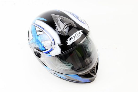 Фото товара – Шлем закрытый HF-122 М- ЧЕРНЫЙ глянец с сине-белым рисунком Q100B