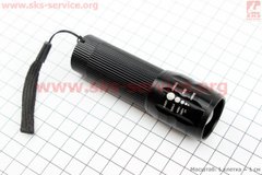 Фото товара – Фонарь 1 диод (линза) ручной, алюминиевый, черный (без батареек)