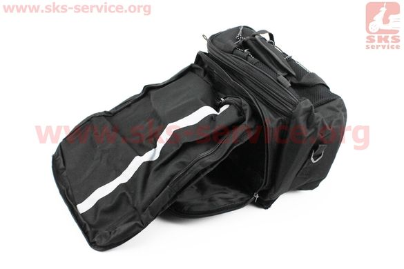 Фото товара – Сумка трансформер на багажник, раскладные боковые карманы, светоотражающие полосы, чёрно-серая, НЕ оригинал
