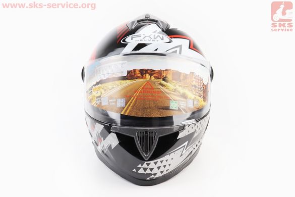 Фото товара – УЦЕНКА Шлем закрытый HF-122 L- ЧЕРНЫЙ глянец с красно-белым рисунком Q239 (не работающий и с трещиной воздухозаборник на бороде, см. фото)
