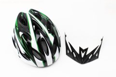 Фото товара – Шлем велосипедный M (54-57 см) съёмный козырёк, 18 вент. отверстий, чёрно-бело-зелёный AV-01
