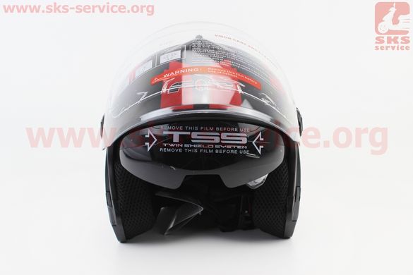 Фото товара – Шлем открытый + очки 707 - ЧЕРНЫЙ матовый с рисунком красным (возможное некорректное закрытие стекла)