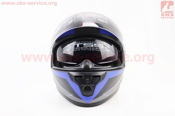 Фото товара – Шлем закрытый (сертификации DOT / ECE) + откидные очки SCO-M67 М (57-58см), ЧЕРНЫЙ матовый с сине-серым рисунком
