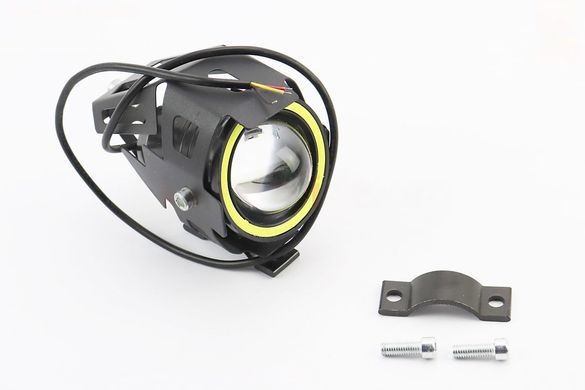 Фото товару – Фара додаткова світлодіодна вологозахисна - LED лінза з обідком "ангельське око" в металевому корпусі, з кріпленням на кермо, 110*70мм