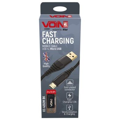 Фото товару – Кабель VOIN CC-4202M BK USB - Micro USB 3А, 2m, black (швидка зарядка/передача даних)