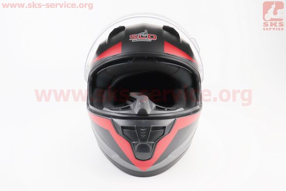 Фото товара – Шлем закрытый (сертификации DOT / ECE) + откидные очки SCO-M67 М (57-58см), ЧЕРНЫЙ матовый с красно-серым рисунком