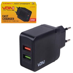 Фото товара – Сетевое зарядное устройство VOIN 28W, 2 USB, QC3.0 (Port 1-5V*3A/9V*2A/12V*1.5A. Port 2-5V2A)