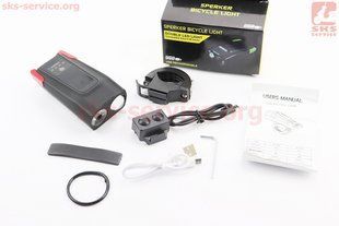 Фото товара &ndash; Фонарь передний 2 диод 800 lumen+звонок, Li-ion 3.7V 2000mAh зарядка от USB, влагозащитный, чёрно-красный BK-1718