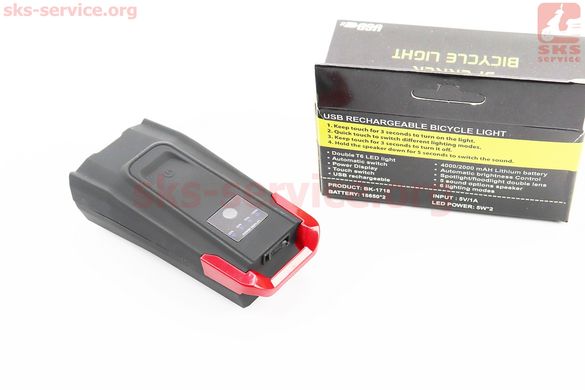 Фото товара – Фонарь передний 2 диод 800 lumen+звонок, Li-ion 3.7V 2000mAh зарядка от USB, влагозащитный, чёрно-красный BK-1718