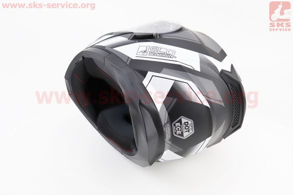 Фото товара – Шлем закрытый с откидным подбородком (сертификации DOT / ECE) + откидные очки SCO-162 S (55-56см), ЧЕРНЫЙ матовый с бело-серым рисунком