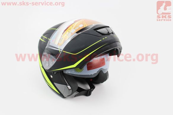 Фото товара – Шлем закрытый с откидным подбородком+очки HF-119 S- ЧЕРНЫЙ матовый с зеленым рисунком Z34-Y