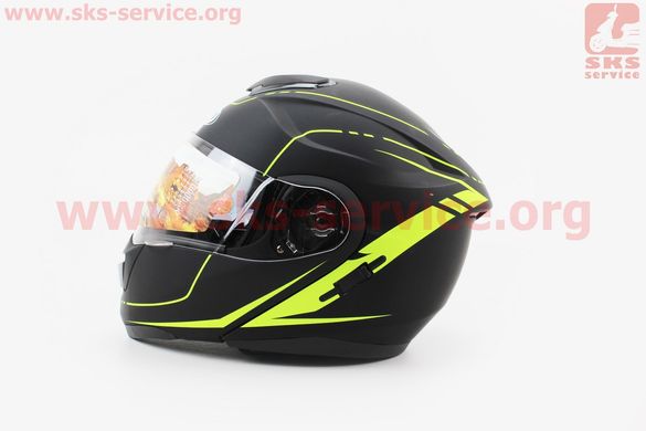 Фото товара – Шлем закрытый с откидным подбородком+очки HF-119 S- ЧЕРНЫЙ матовый с зеленым рисунком Z34-Y