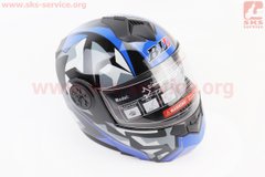 Фото товара – Шлем закрытый с откидным подбородком + откидные очки BLD-159 S (55-56см), ЧЕРНЫЙ глянец с сине-серым рисунком
